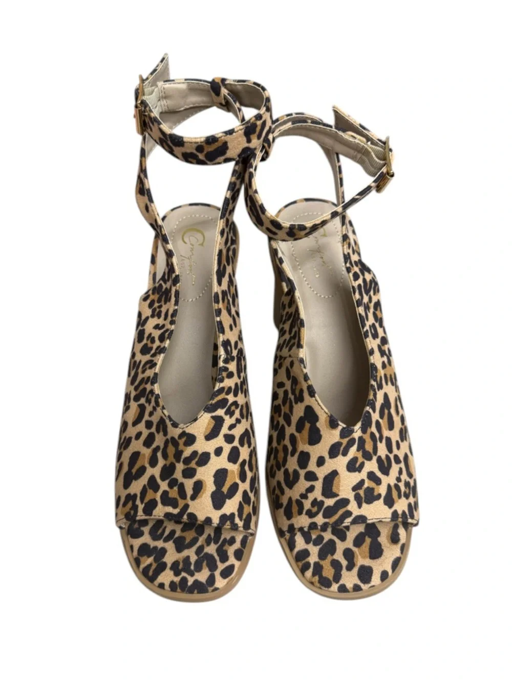 Leopard Peep Toe Block Heel Sandals Ankle Strap Size 9